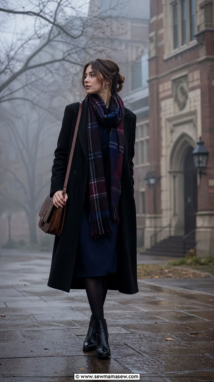 Long wool coat and midi dress - 30 Dark academia school outfits