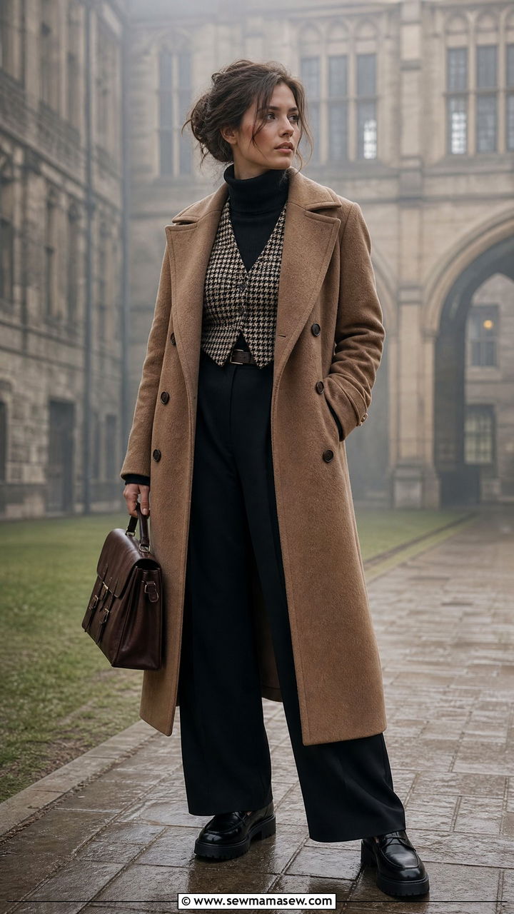 Long wool coat and sweater vest outfit - 30 dark academia outfits ideas