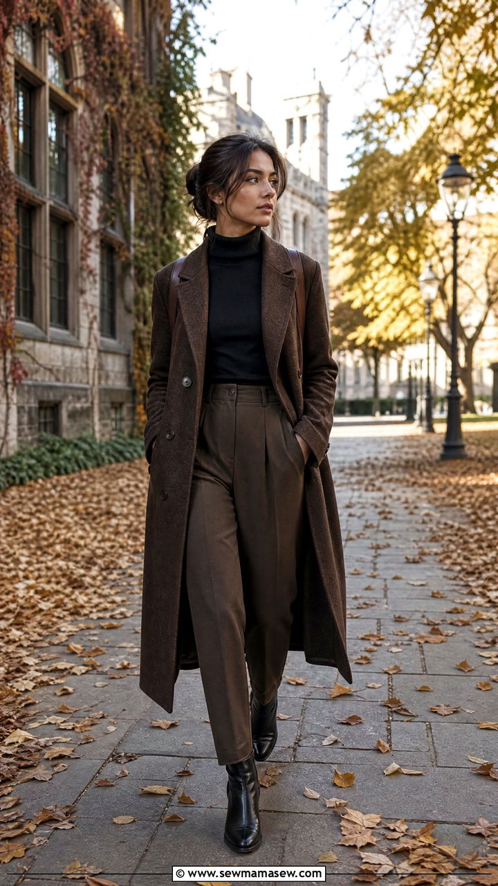 Long wool coat and tailored trousers - 30 Dark academia school outfits