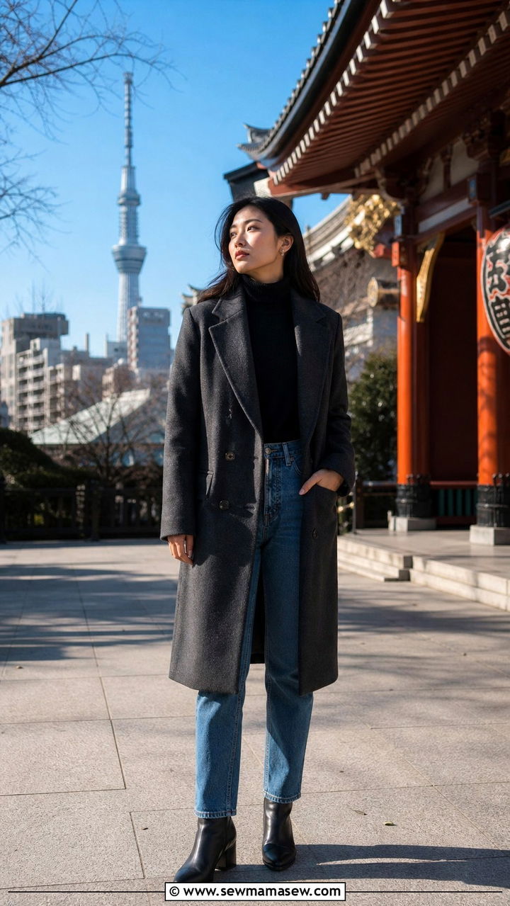 Long wool coat and thermal base layers for winter warmth - 40 What to wear in Tokyo