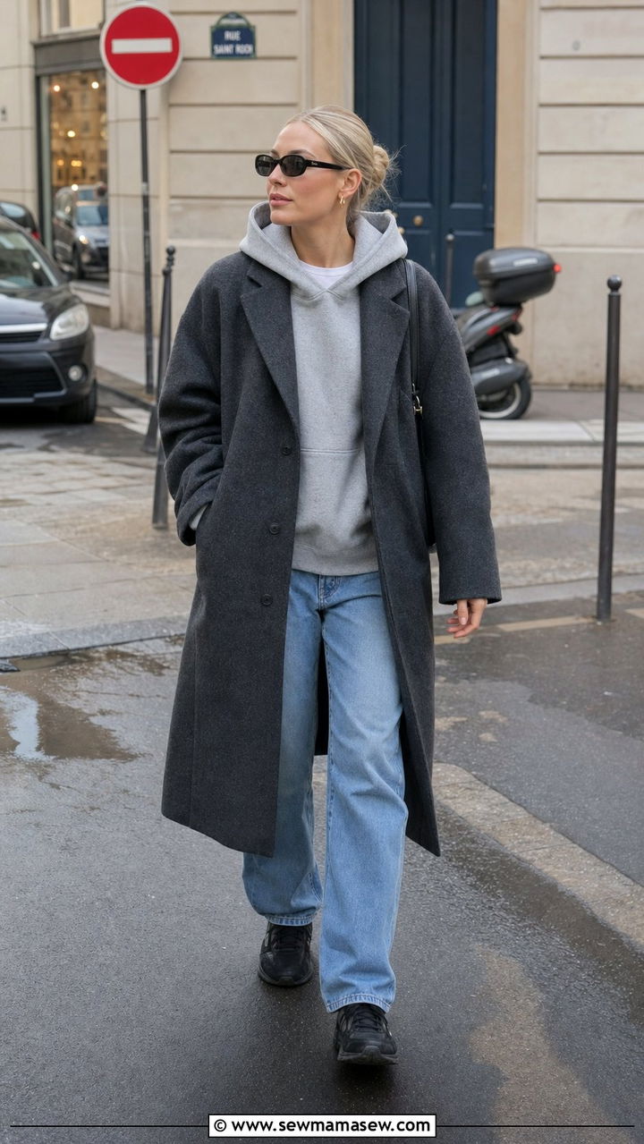 Long wool coat over a hoodie with straight leg jeans and trainers - 25 Study abroad outfit ideas