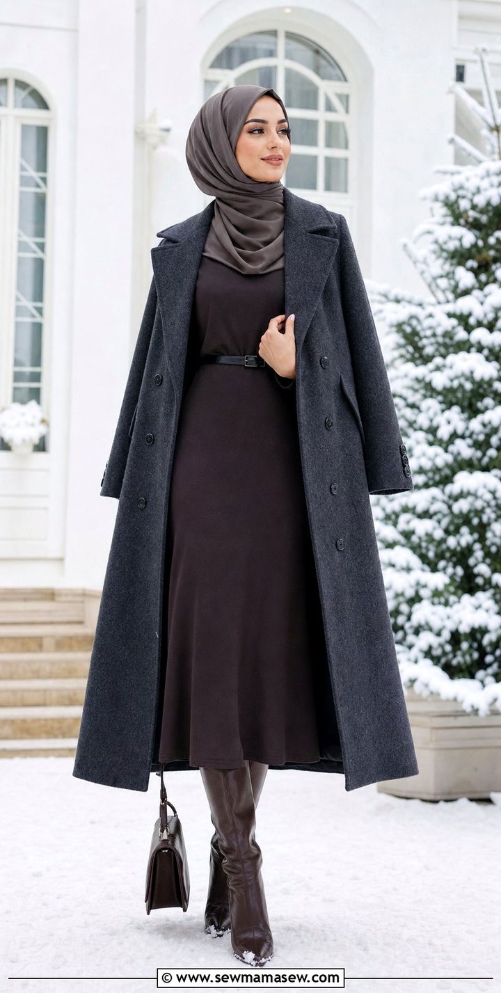 Long wool coat over midi dress with leather boots - 25 classy outfits for hijab women