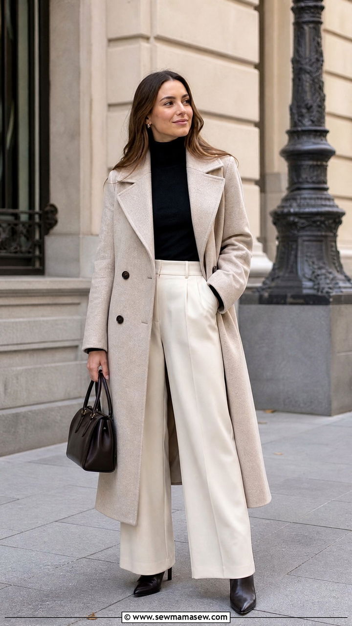 Long wool coat with a fitted turtleneck and wide leg trousers - 30 First cold day outfits