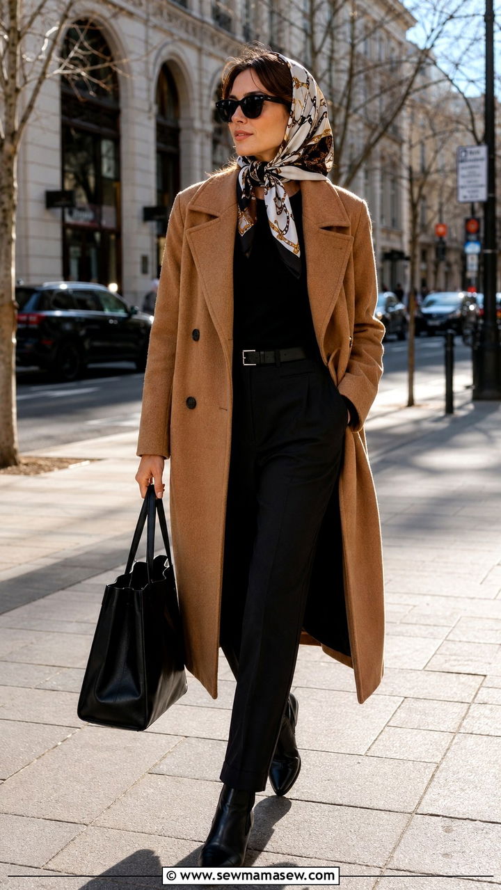 Long wool coat with a silk headscarf and tailored trousers - 30 Grandma chic outfit ideas