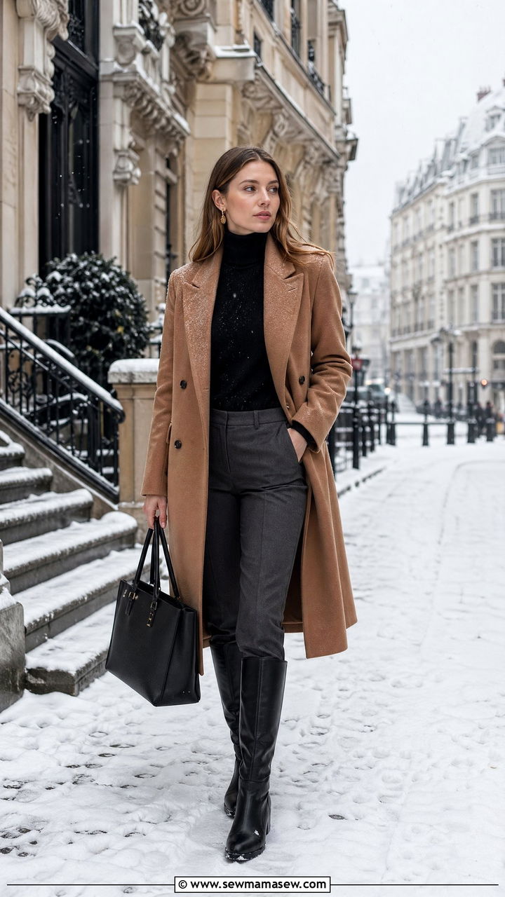 Long wool coat with a turtleneck and knee high boots European winter outfit - 35 Europe travel outfits for women