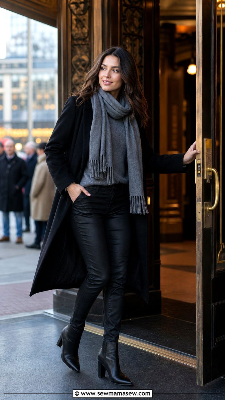 Long wool coat with cashmere sweater and coated jeans - 40 What to wear in Boston
