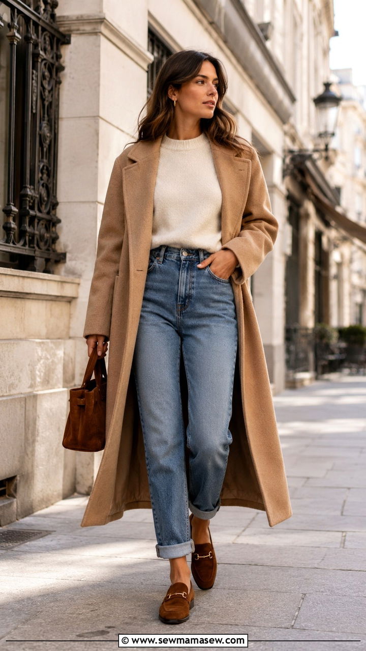 Long wool coat with high waisted cuffed jeans and loafers - 30 High waisted jeans outfit ideas with loafers
