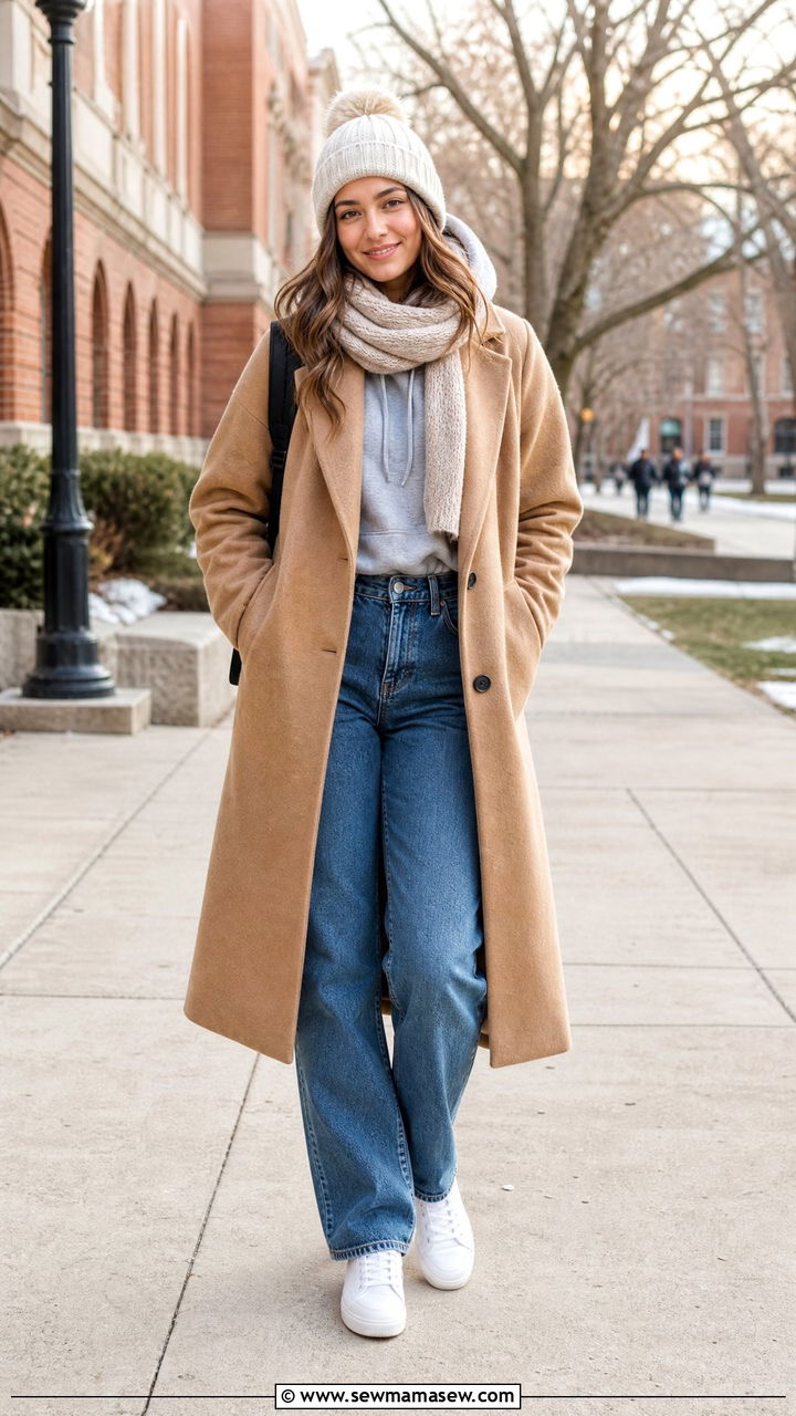 Long wool coat with hoodie and jeans outfit - 30 Cute outfits for college girls