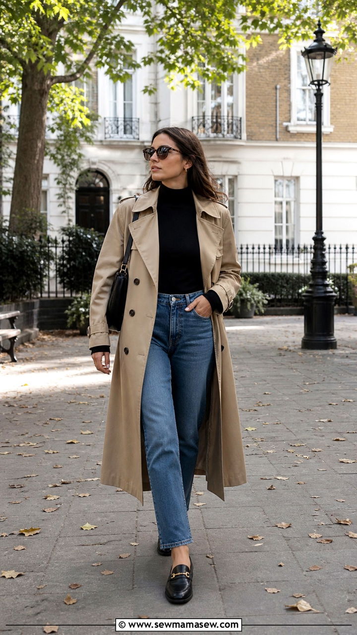 Long wool coat with jeans and trainers - 40 London outfit ideas