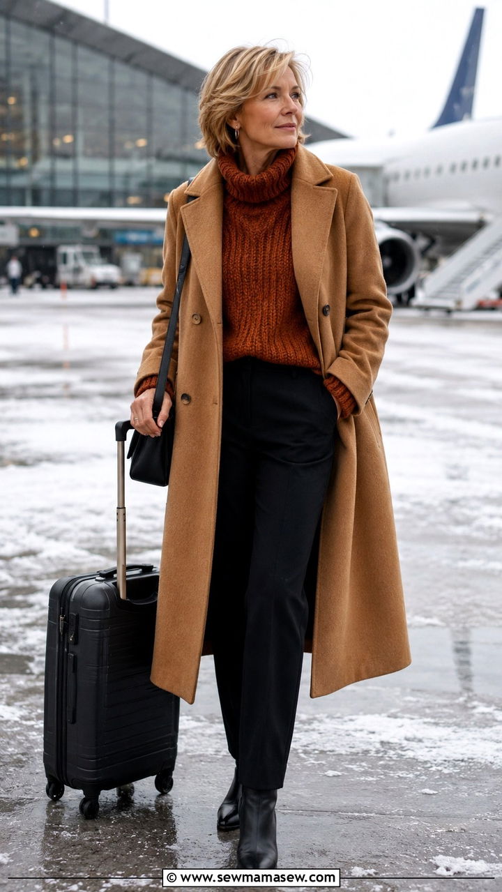 Long wool coat with knit sweater and straight leg pants for winter travel - 20 Airport outfit ideas for women over 60