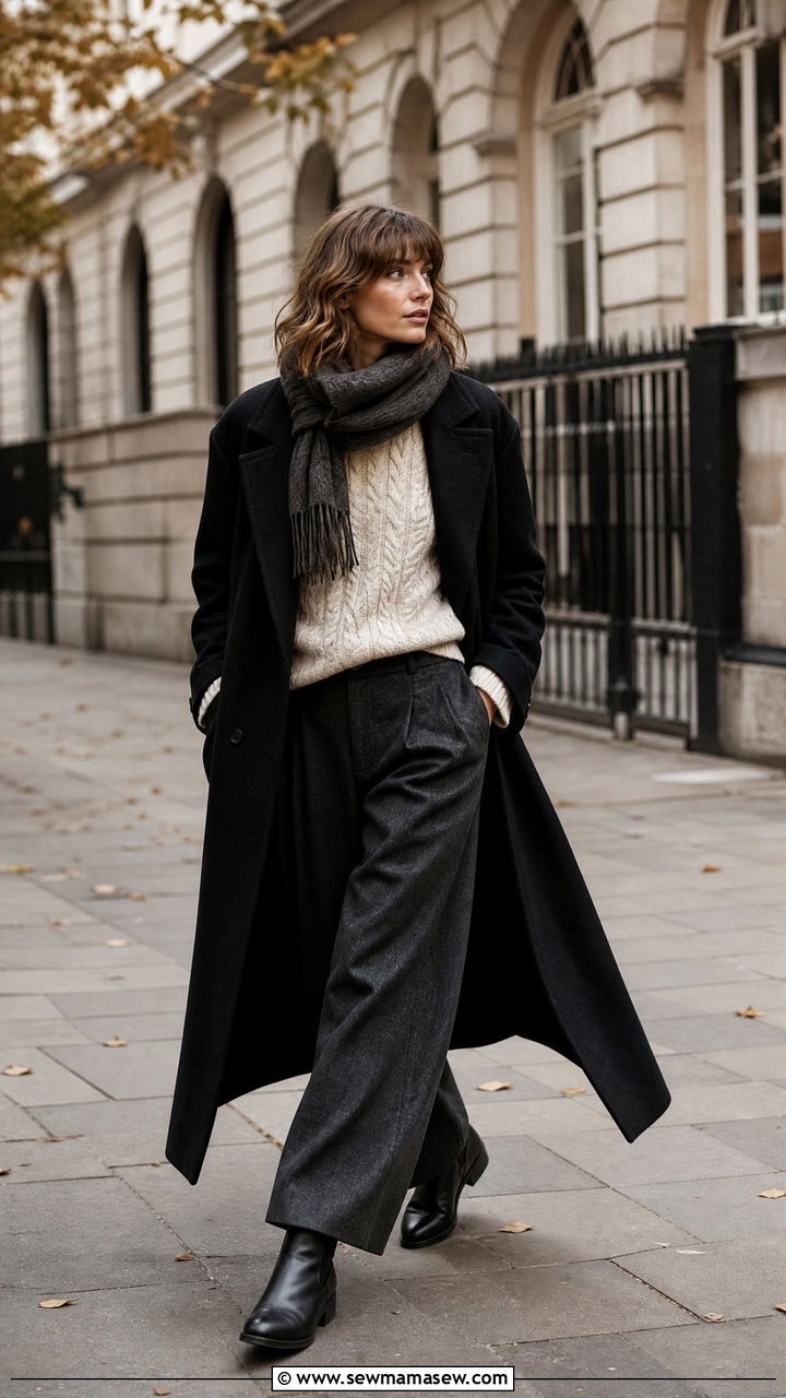 Long wool coat with knit sweater and wide leg pants - 25 classy dark academia outfits