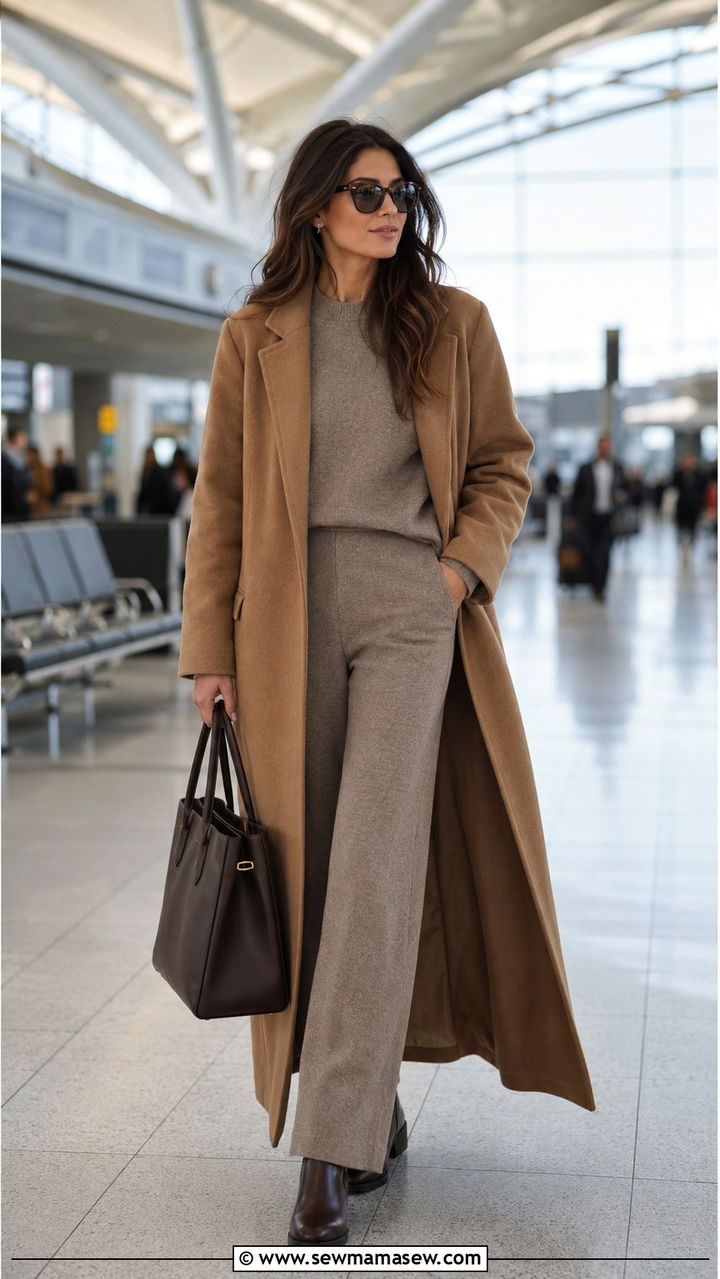 Long wool coat with matching knit set for winter travel - 25 seasonal airport outfit ideas