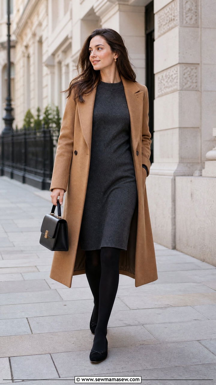 Long wool coat with sweater dress and tights - 25 French girl outfit ideas with ballet flats