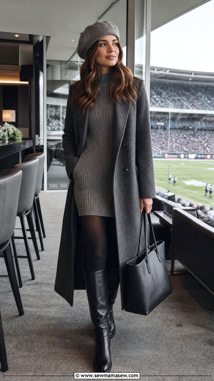Long wool coat with sweater dress - 25 Football game outfit ideas cold
