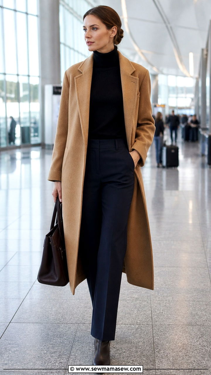 Long wool coat with turtleneck and straight trousers long flight - 40 Long flight outfit ideas