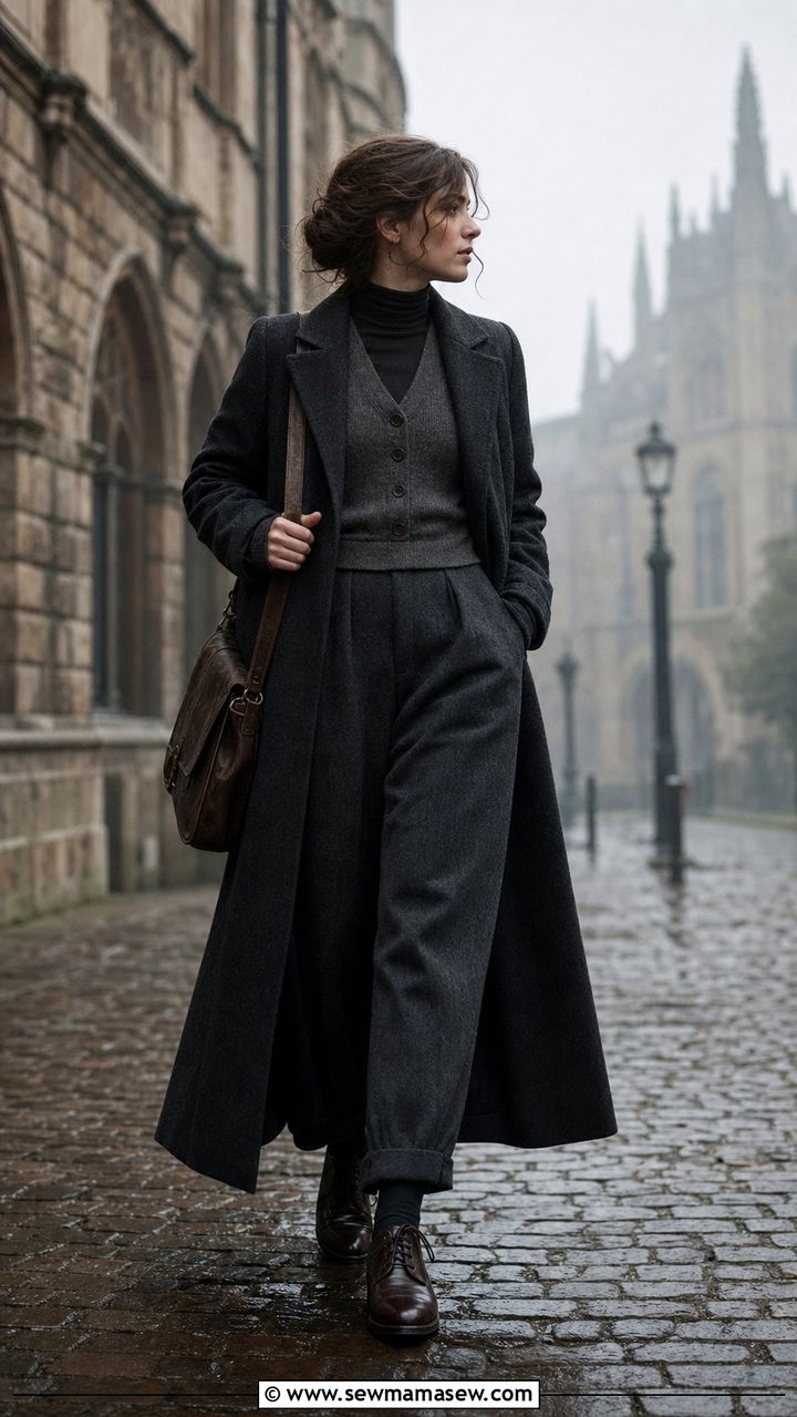 Long wool coat with vest layering - 25 dark academia outfits inspo