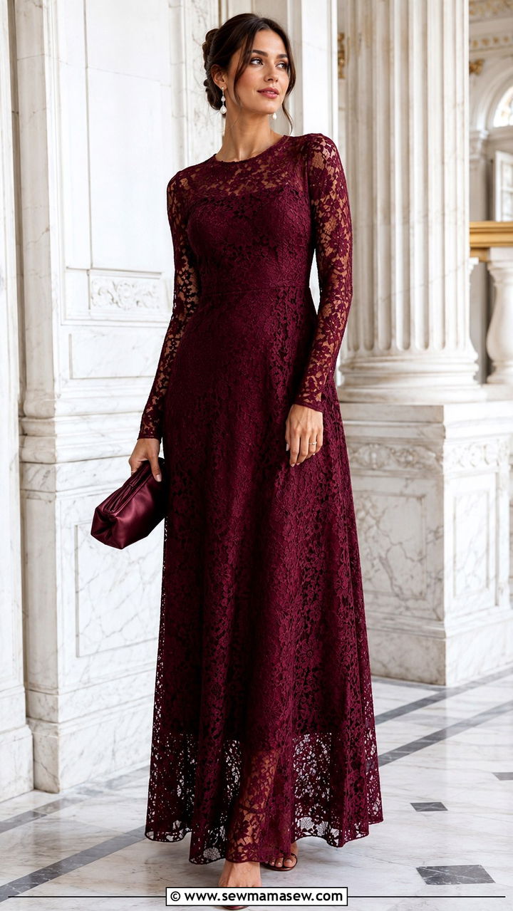 LongSleeve Lace Maxi Dress With Pearl Accessories - 30 seasonal wedding guest outfit ideas