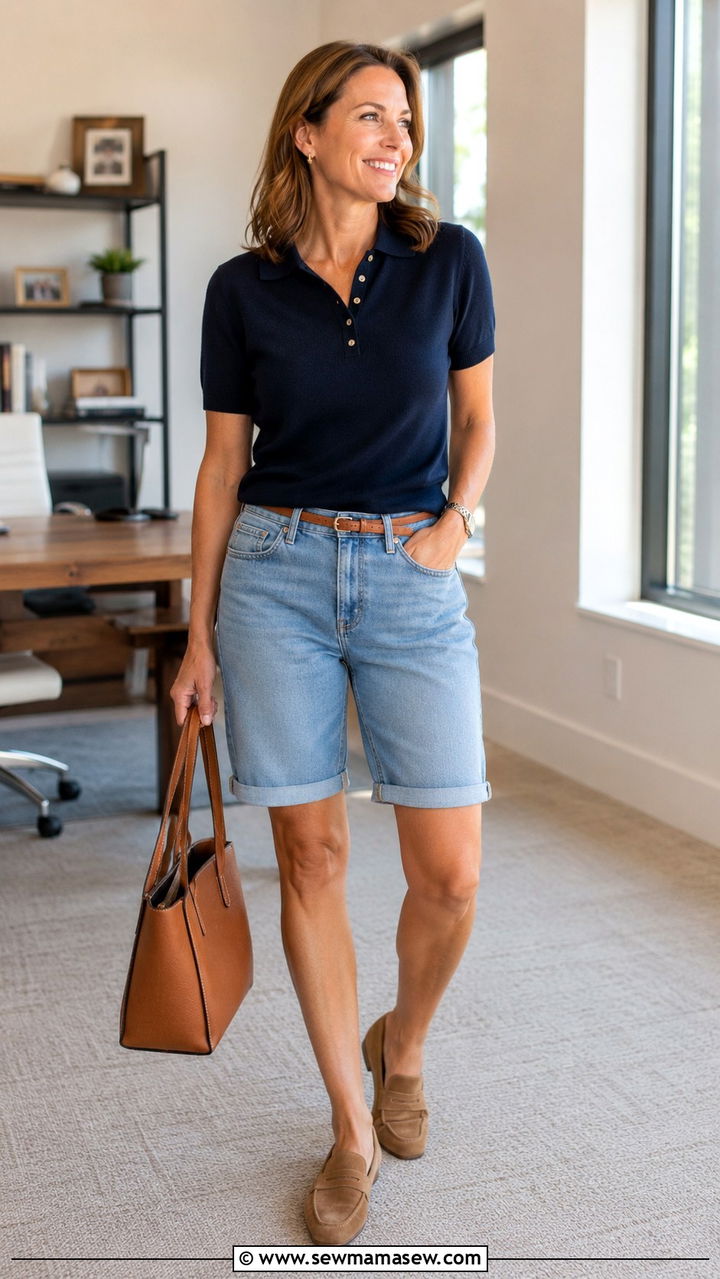 Longer Length Denim Shorts Outfit - 20 denim shorts outfits for women over 40