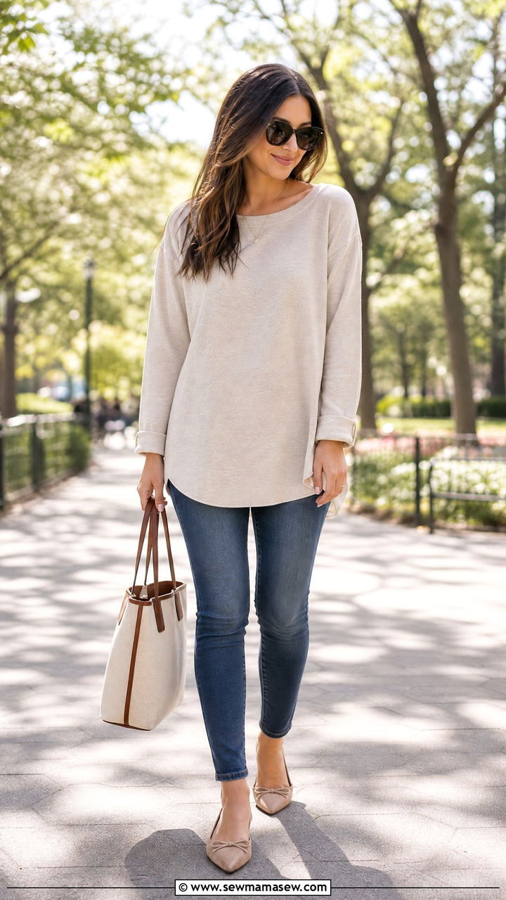 Longer tunic top with skinny ankle jeans - 25 casual outfits for short torso women