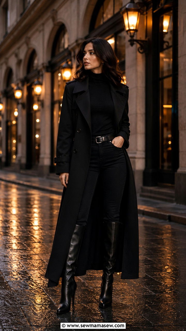 Longline Black Trench Coat With Skinny Black Jeans And Knee High Boots - 25 Black jeans outfit ideas with a trench coat
