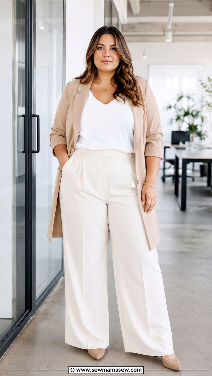 Longline Blazer With A V Neck Tank And Wide Leg Trousers - 25 Outfit ideas for apple shape plus size