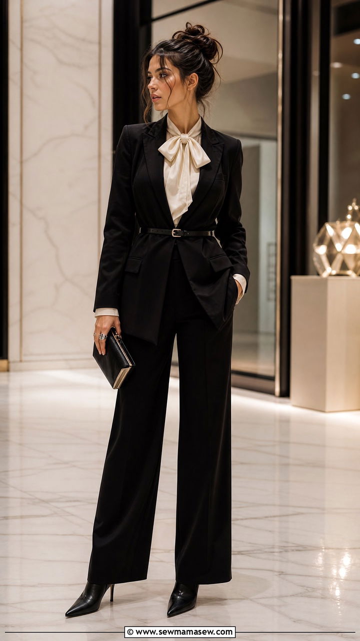 Longline Blazer With Belt Over Silk Blouse and Wide Leg Trousers Messy Bun - 25 French girl outfit ideas with messy bun