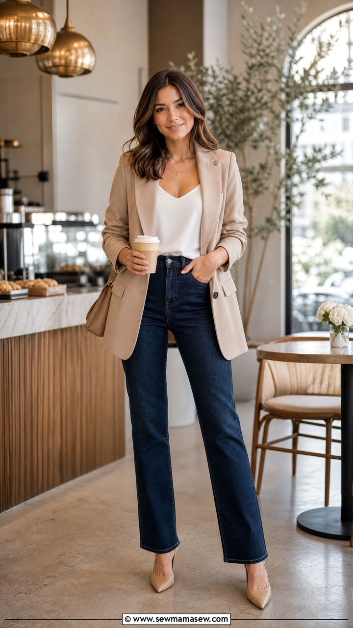 Longline Blazer With Straight Leg Jeans And Heels - 25 Petite outfit ideas with apple shape