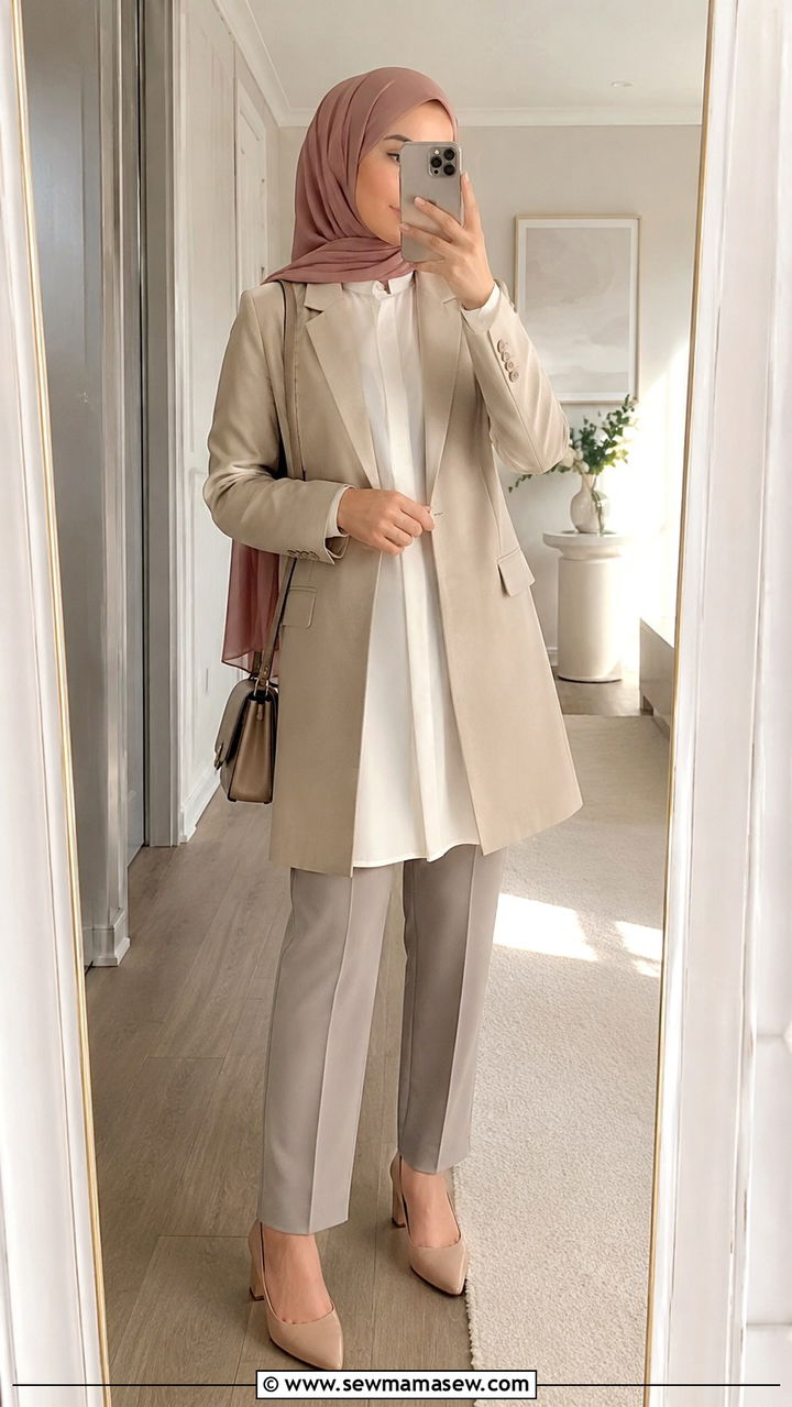 Longline Blazer with Tunic and Straight Trousers - 25 work outfits for hijab women