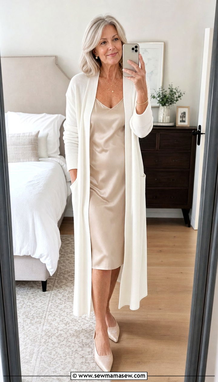Longline Cardigan Over A Slip Dress - 25 Sophisticated outfit ideas for women over 60