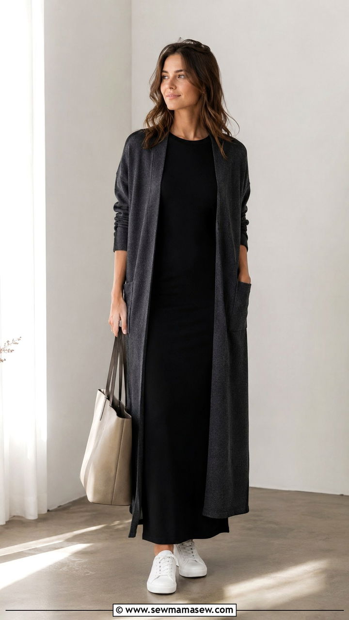 Longline Cardigan Over Column Dress - 25 Outfits to minimize hips