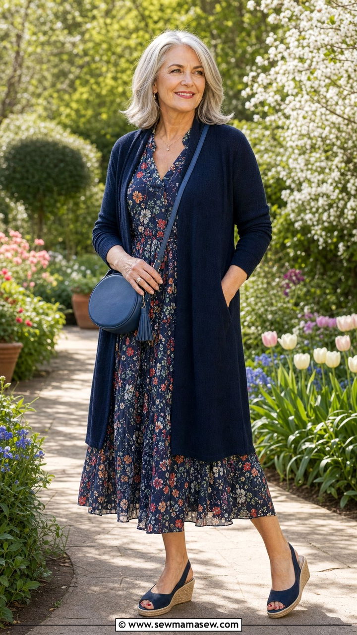 Longline Cardigan Over Floral Midi Dress With Low Wedges - 35 Business casual outfits for women over 60