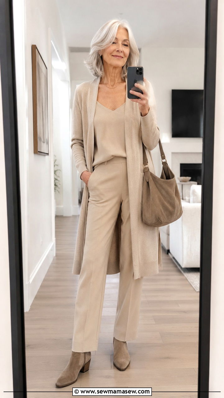 Longline Cardigan Over Matching Separates - 30 Tall outfits for women over 60