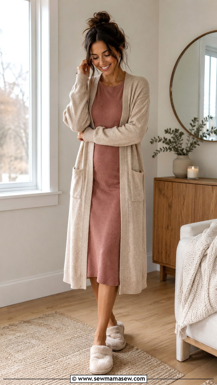 Longline Cardigan Over Midi Dress - 25 Modest loungewear outfit ideas