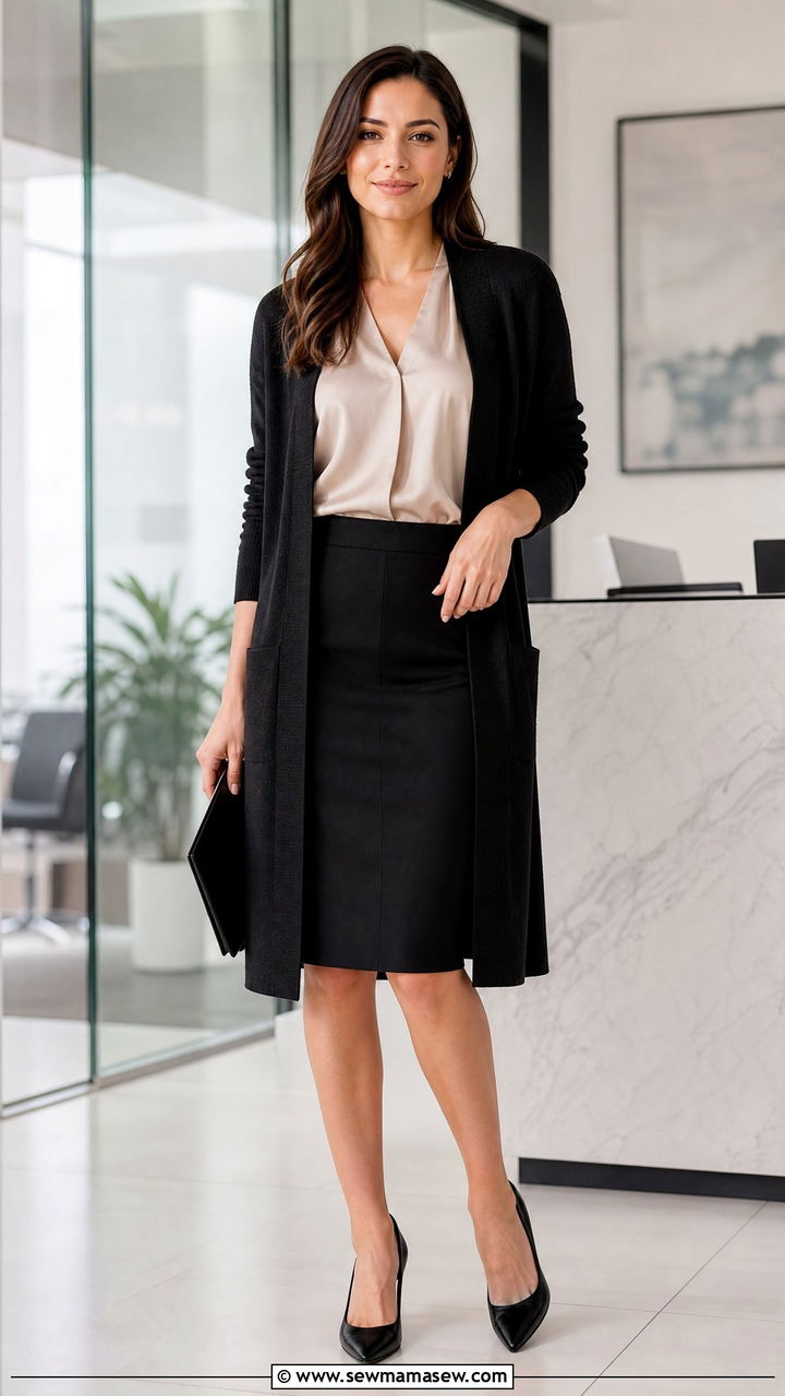 Longline Cardigan Over Pencil Skirt And Silk Blouse - 25 Business casual outfits with cardigan