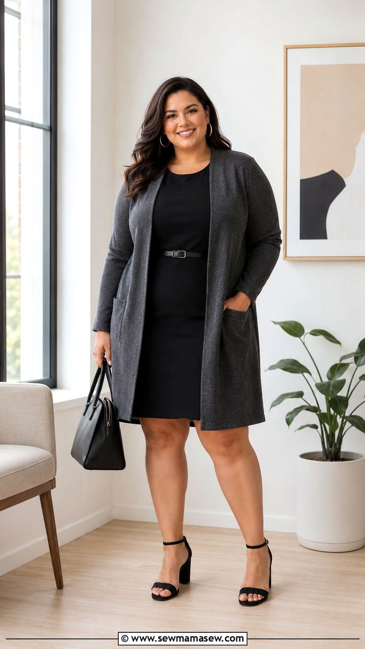 Longline Cardigan Over Shift Dress With Ankle Strap Heels - 30 plus size job interview outfit ideas