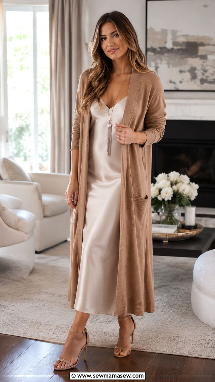 Longline Cardigan Over Slip Dress - 20 Outfit ideas for inverted triangle body