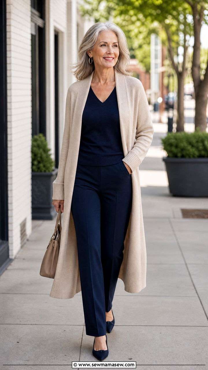Longline Cardigan Over a Column of Color - 20 Apple shape outfits for women over 50