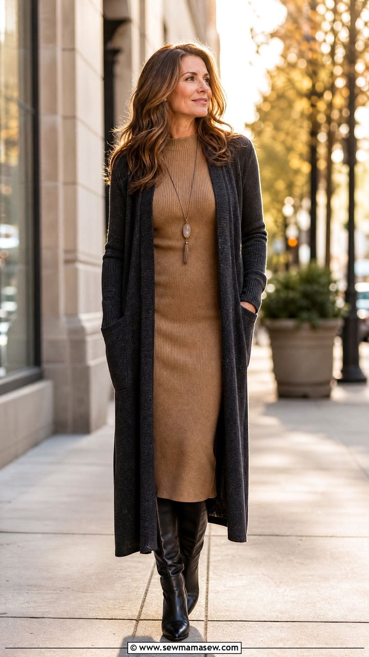 Longline Cardigan Over a Knit Dress - 25 cardigan outfits for women over 40
