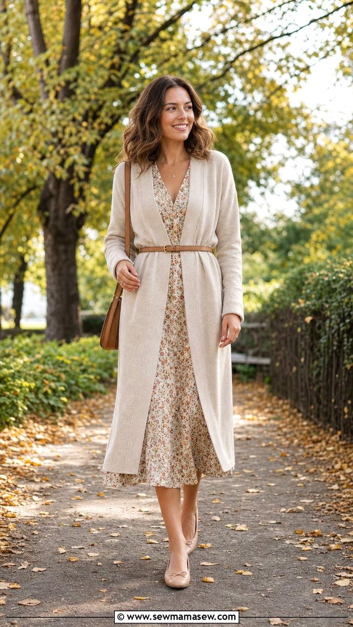 Longline Cardigan Over a Midi Dress with Ballet Flats - 25 cute modest classy outfits