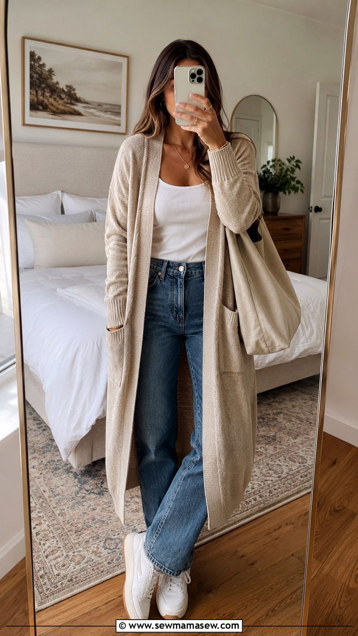 Longline Cardigan Tank Top Straight Leg Jeans - 30 model off duty capsule wardrobe outfits