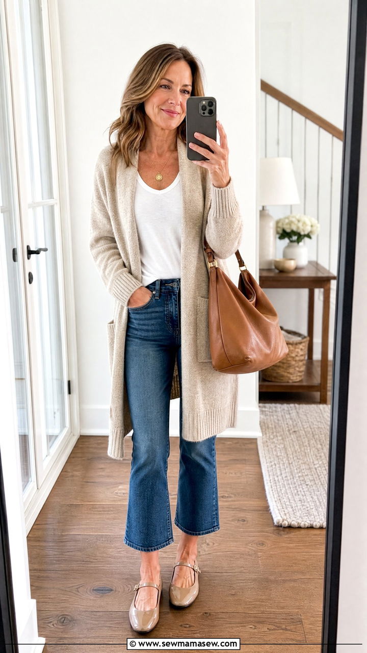Longline Cardigan White Scoop Neck Tee and Cropped Kick Flare Jeans - 25 Preppy outfits for women over 40