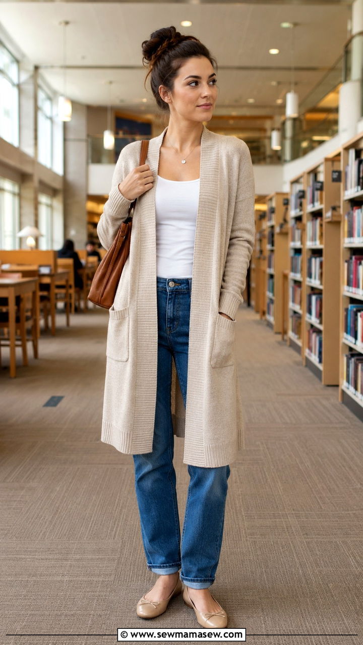 Longline Cardigan With A Tank Top And Straight Leg Jeans - 25 Nursing student outfit ideas