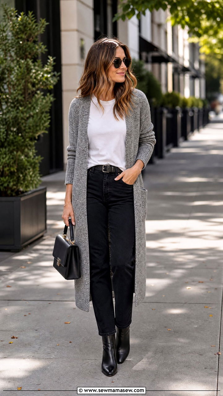 Longline Cardigan With Black Straight Leg Jeans - 25 Black jeans outfit ideas with a cardigan