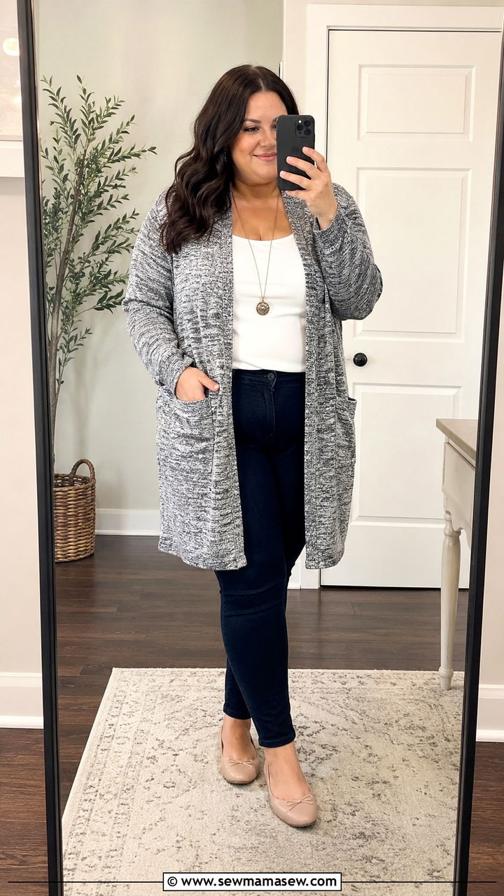 Longline Cardigan With Fitted Tee and Skinny Jeans Outfit - 30 Minimalist outfit ideas plus size