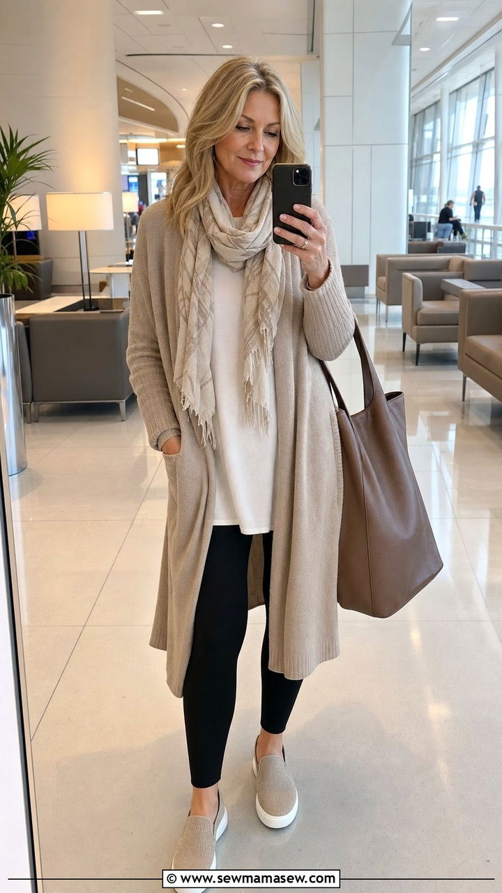 Longline Cardigan With Leggings And Slip On Shoes - 35 Airport outfit ideas for women over 50