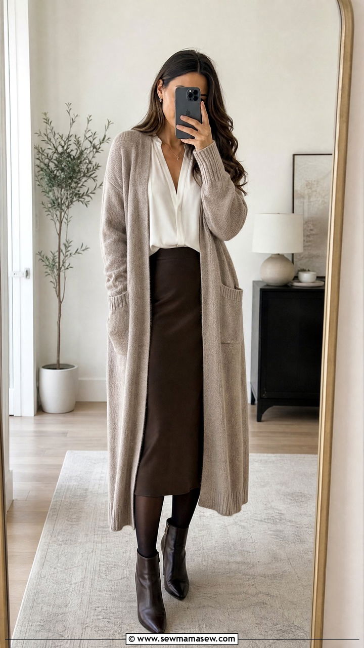 Longline Cardigan With Midi Skirt Tights and Ankle Boots - 30 transitional outfits aesthetic
