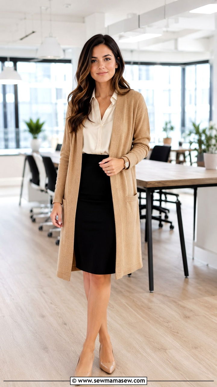 Longline Cardigan With Silk Blouse And Pencil Skirt - 30 Preppy work outfits