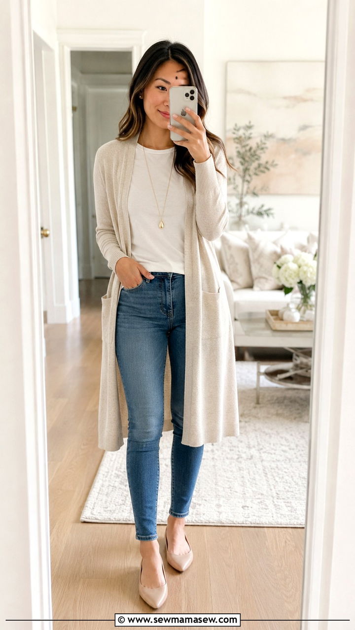Longline Cardigan With Skinny Jeans Petite Outfit - 25 Petite spring capsule wardrobe