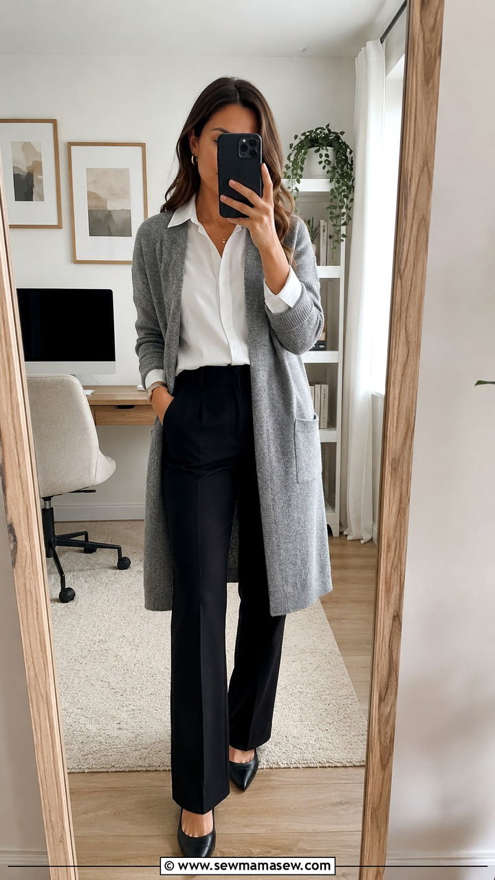Longline Cardigan With Tailored Trousers And ButtonUp Shirt Outfit - 25 work outfits for modest women