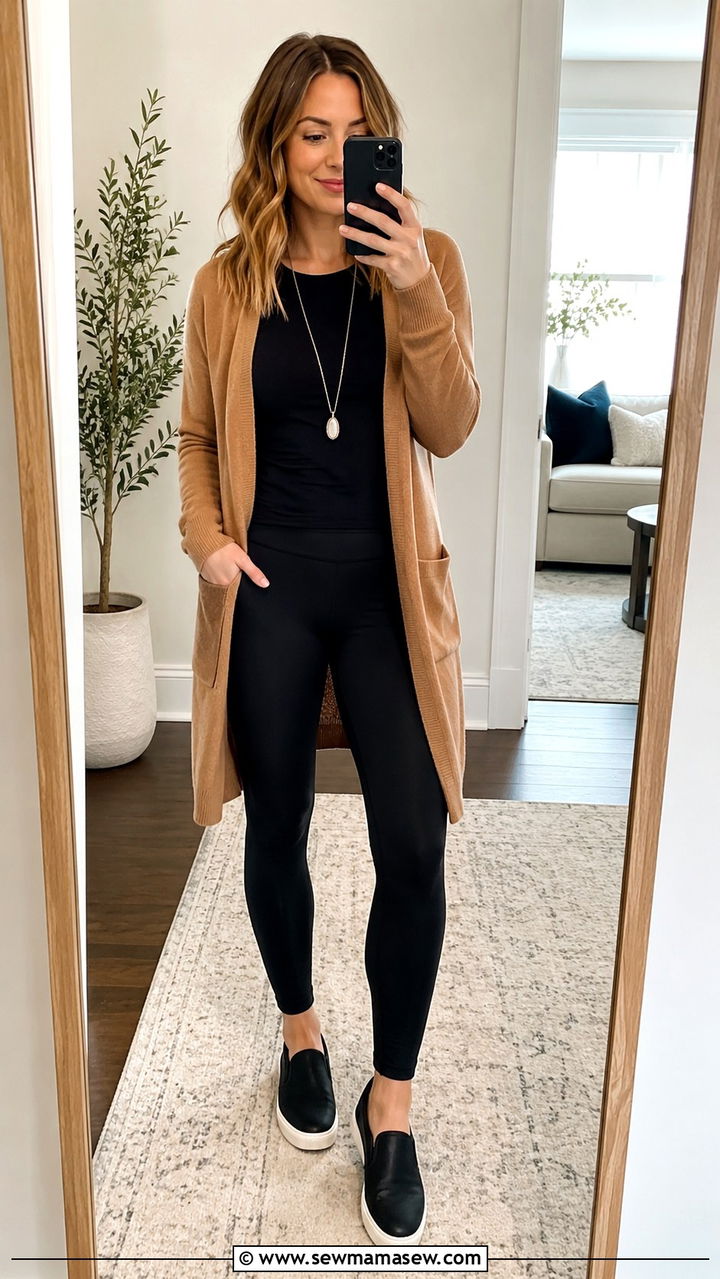 Longline Cardigan With Tee And High Waisted Leggings - 20 Outfit ideas to hide love handles